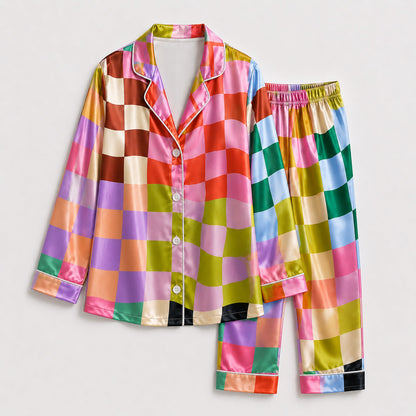 PJ-186-Unisex Satin Pajama Set with Colorful Checkerboard Print Button Down Sleepwear Shirt and Pants