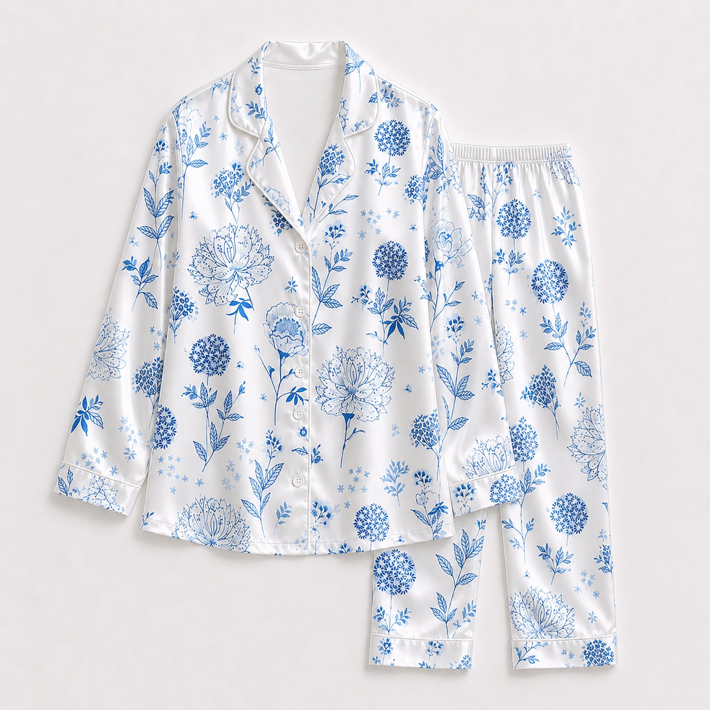 PJ-187-Elegant Blue Flower Satin Pajama Set With Button Up Top And Soft Matching Sleepwear Bottoms