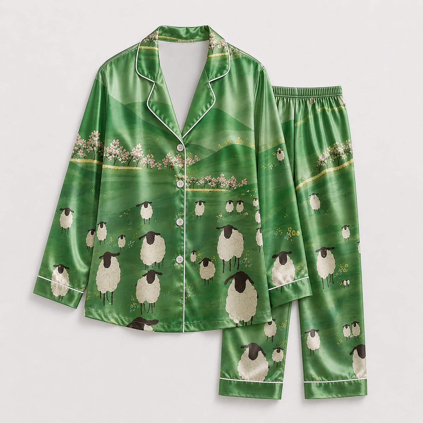 PJ-188-Countryside Sheep Satin Sleepwear Set With Floral Field Design And Comfortable Matching Pajama Bottoms