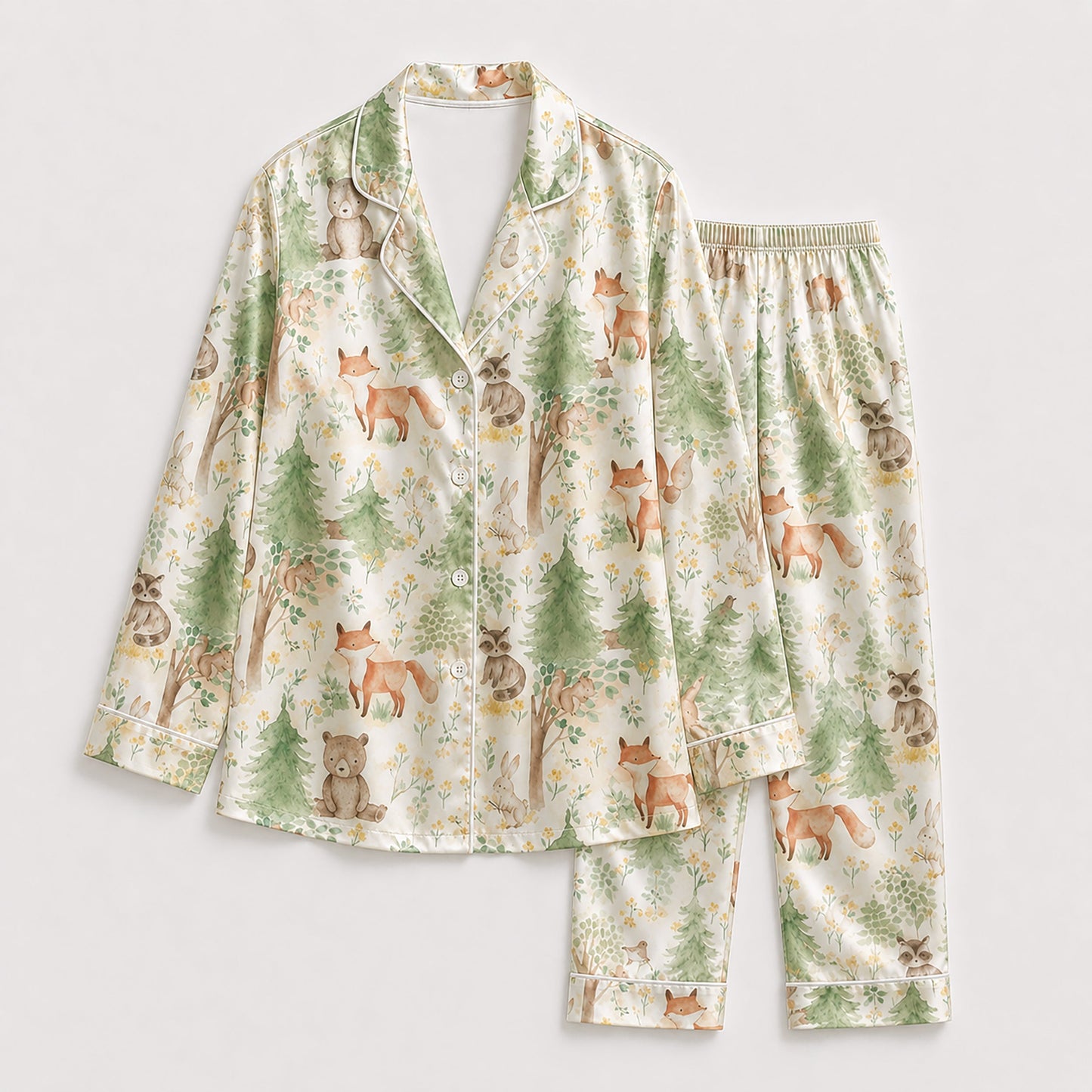 PJ-189-Cute Woodland Animal Satin Sleepwear Set With Pine Tree Print And Matching Pajama Bottoms