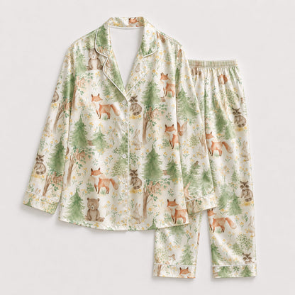 PJ-189-Cute Woodland Animal Satin Sleepwear Set With Pine Tree Print And Matching Pajama Bottoms