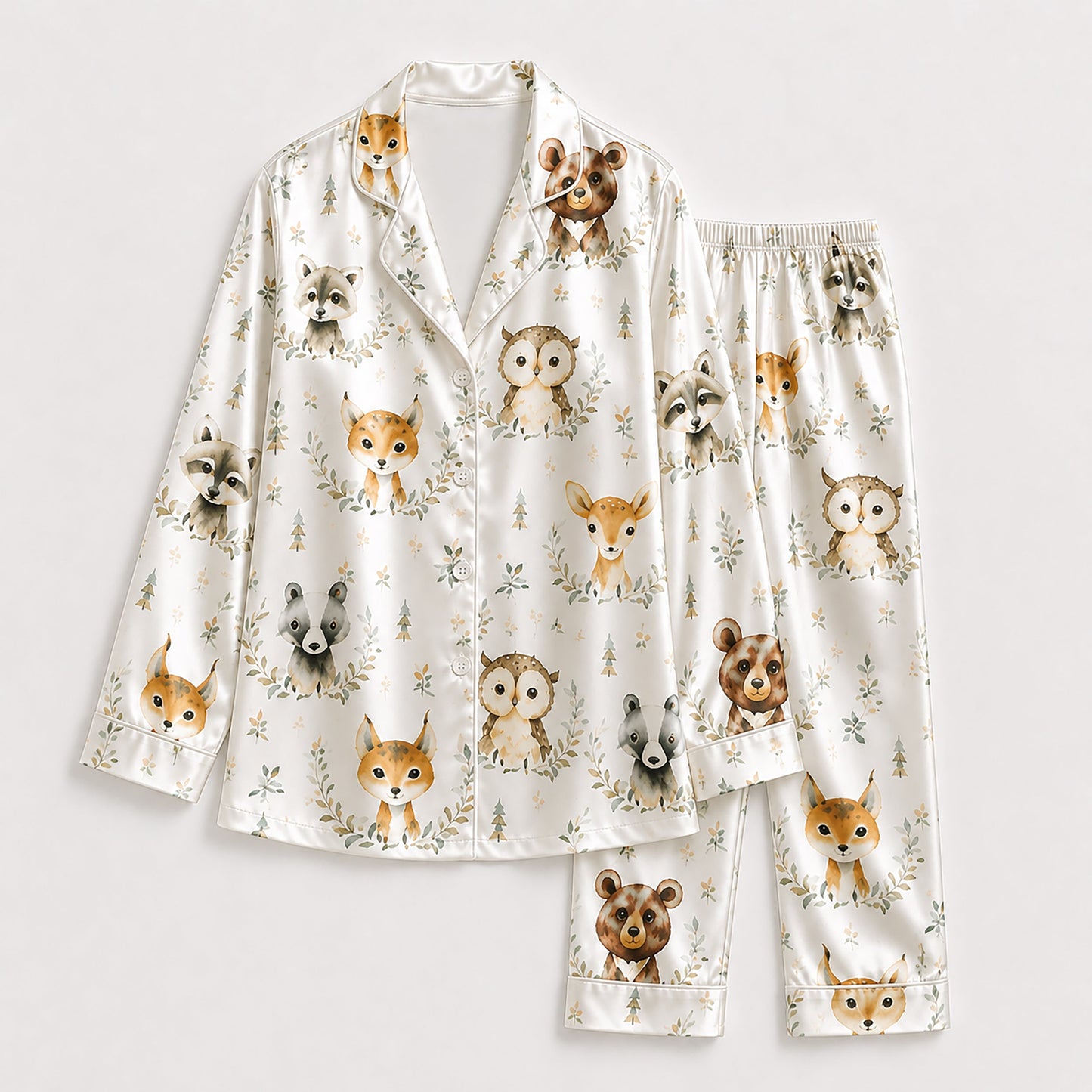 PJ-190-Cute Forest Animal Satin Sleepwear Set With Button Up Shirt And Soft Matching Pajama Bottoms