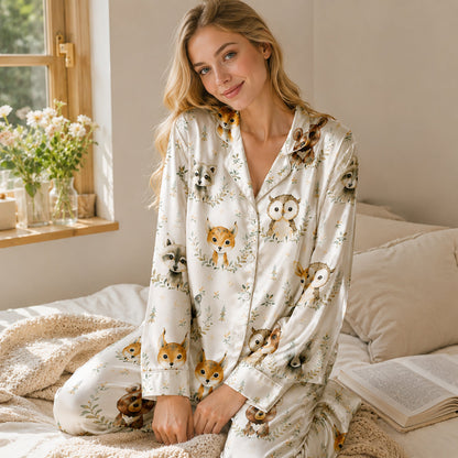 PJ-190-Cute Forest Animal Satin Sleepwear Set With Button Up Shirt And Soft Matching Pajama Bottoms