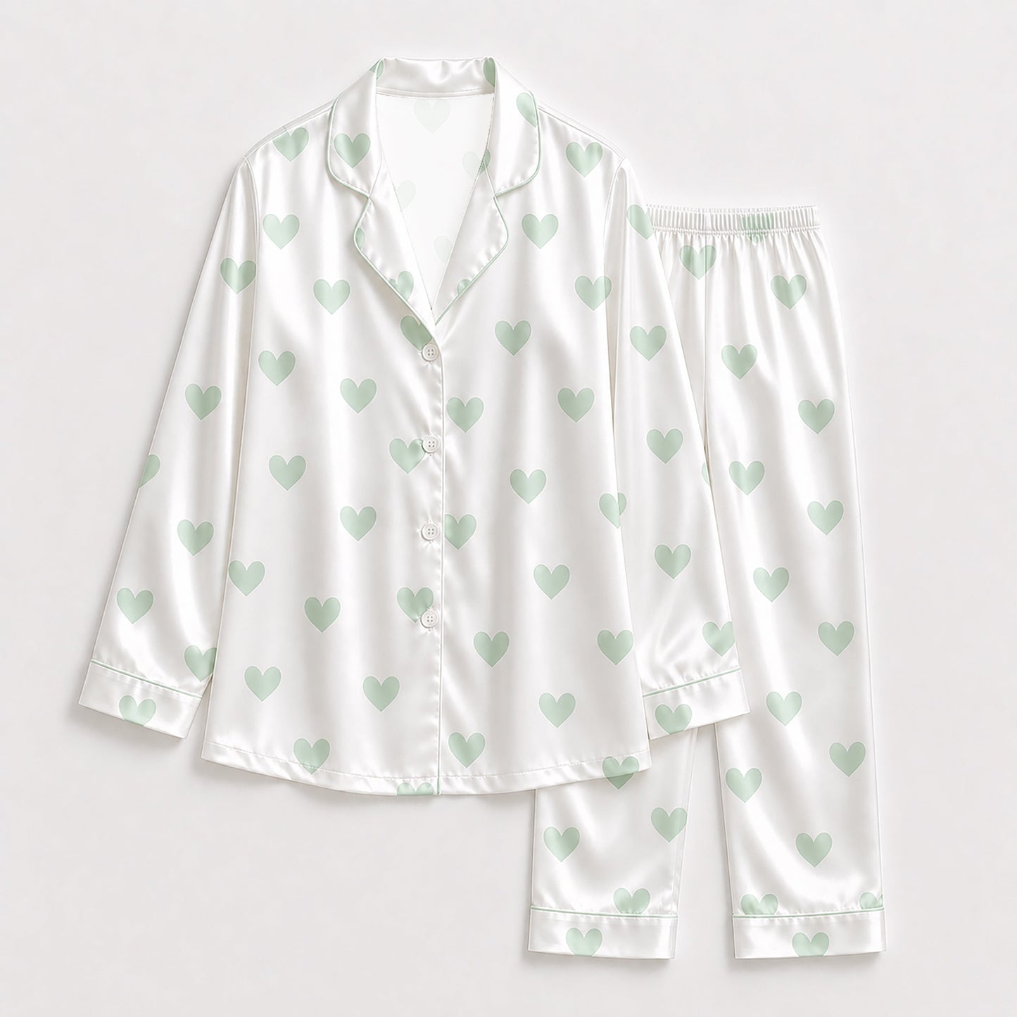 PJ-191-Heart Graphic Satin Pajama Set, White Multicolor Mint Green Valentine Loungewear Sleepwear Collection