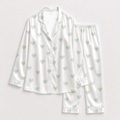 PJ-191-Heart Graphic Satin Pajama Set, White Multicolor Mint Green Valentine Loungewear Sleepwear Collection