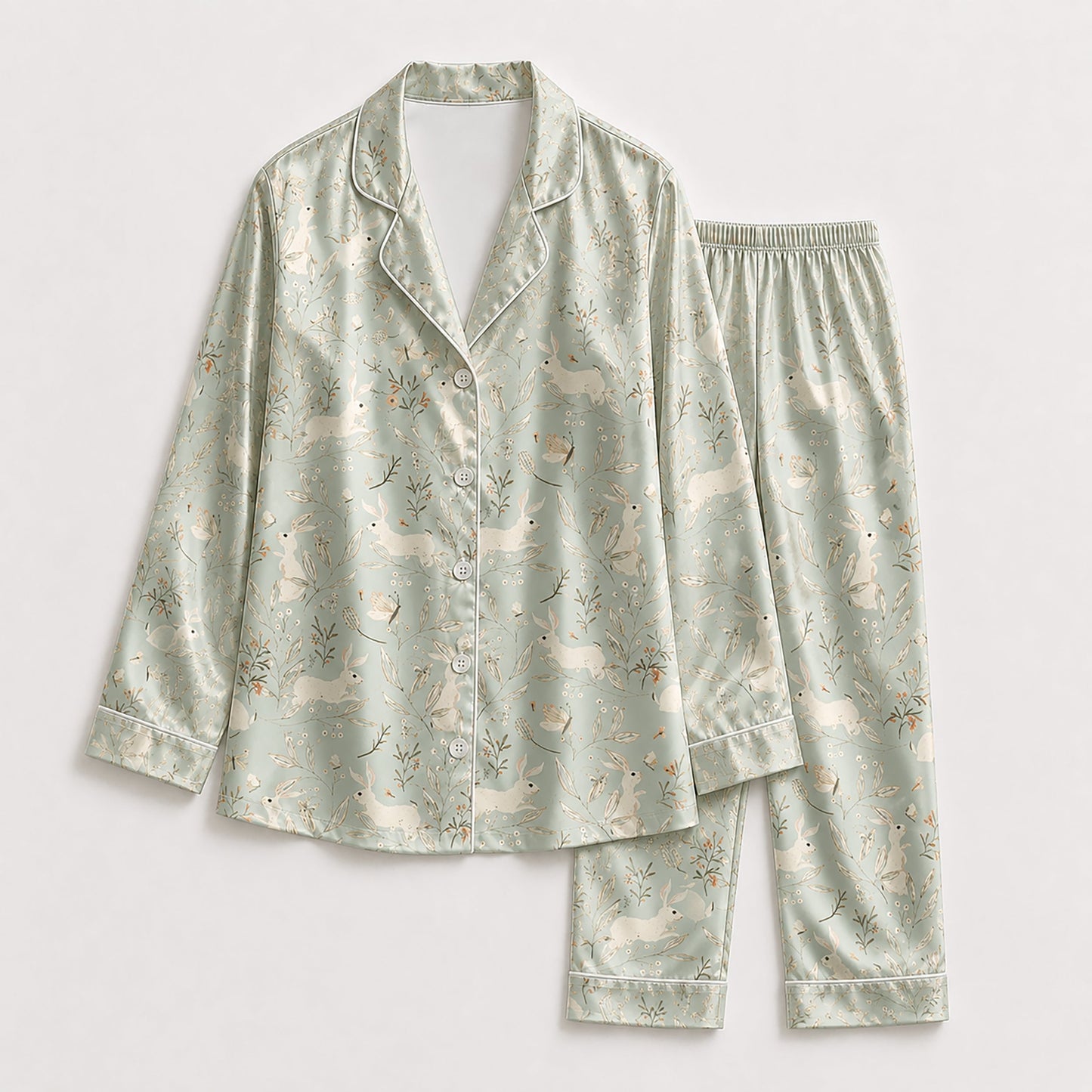 PJ-192-Soft Rabbit Satin Sleepwear Set With Leafy Floral Print And Comfortable Matching Pajama Bottoms