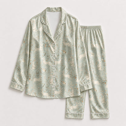 PJ-192-Soft Rabbit Satin Sleepwear Set With Leafy Floral Print And Comfortable Matching Pajama Bottoms