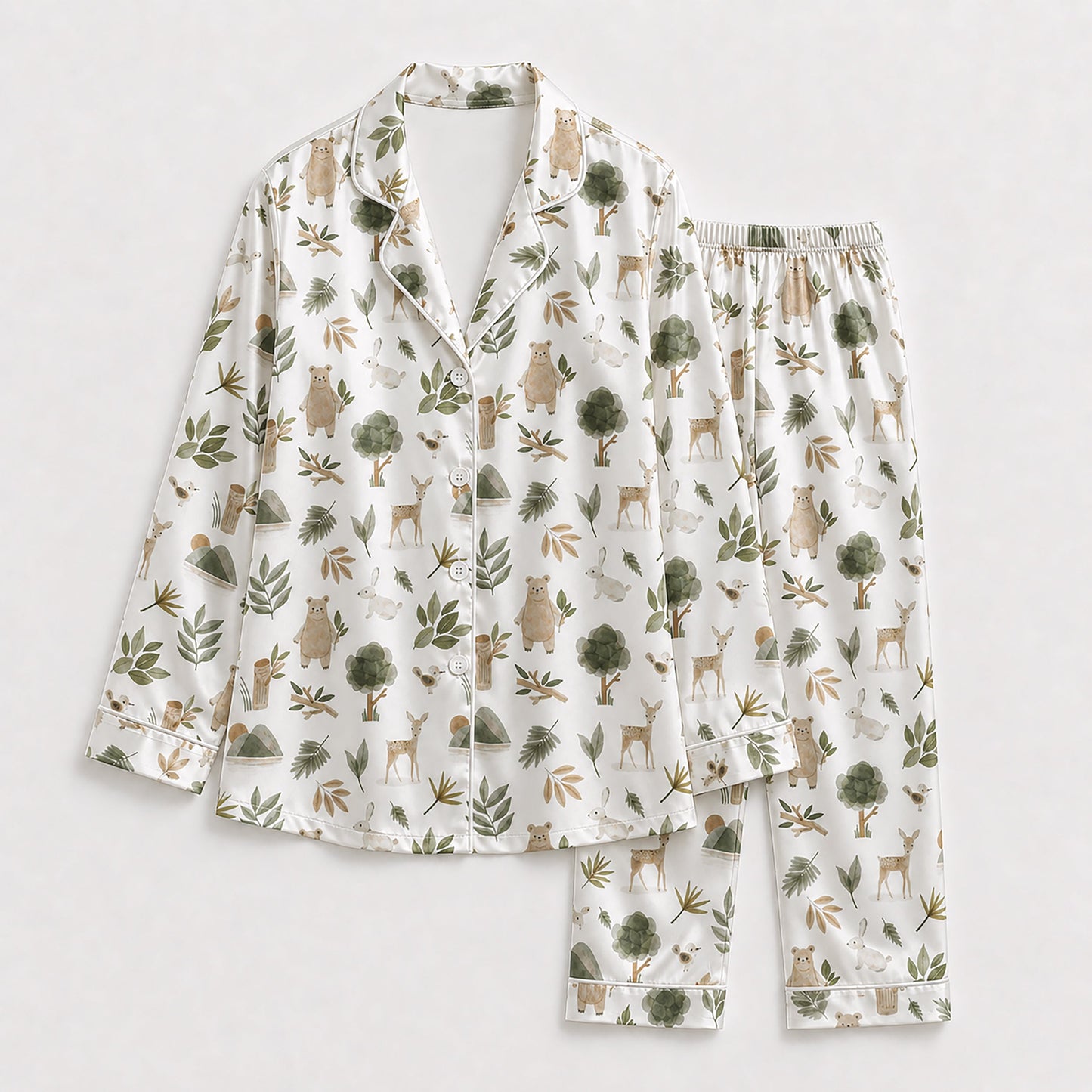 PJ-193-Forest Animal Satin Sleepwear Set With Bear Deer Leaves And Comfortable Matching Pajama Bottoms