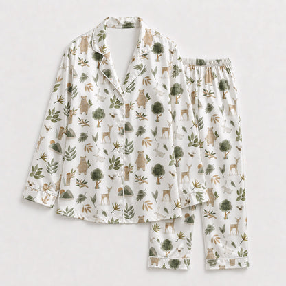 PJ-193-Forest Animal Satin Sleepwear Set With Bear Deer Leaves And Comfortable Matching Pajama Bottoms