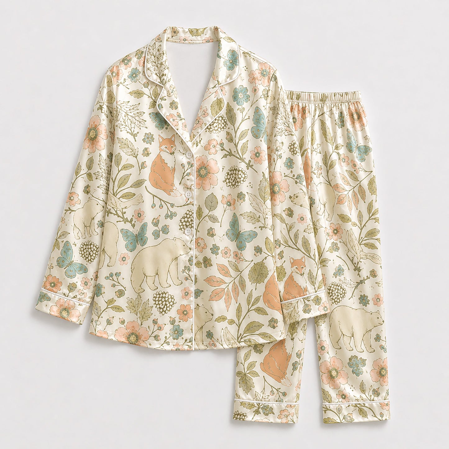 PJ-194-Woodland Fox Satin Pajama Set With Floral Leaf Print And Matching Sleepwear Bottoms