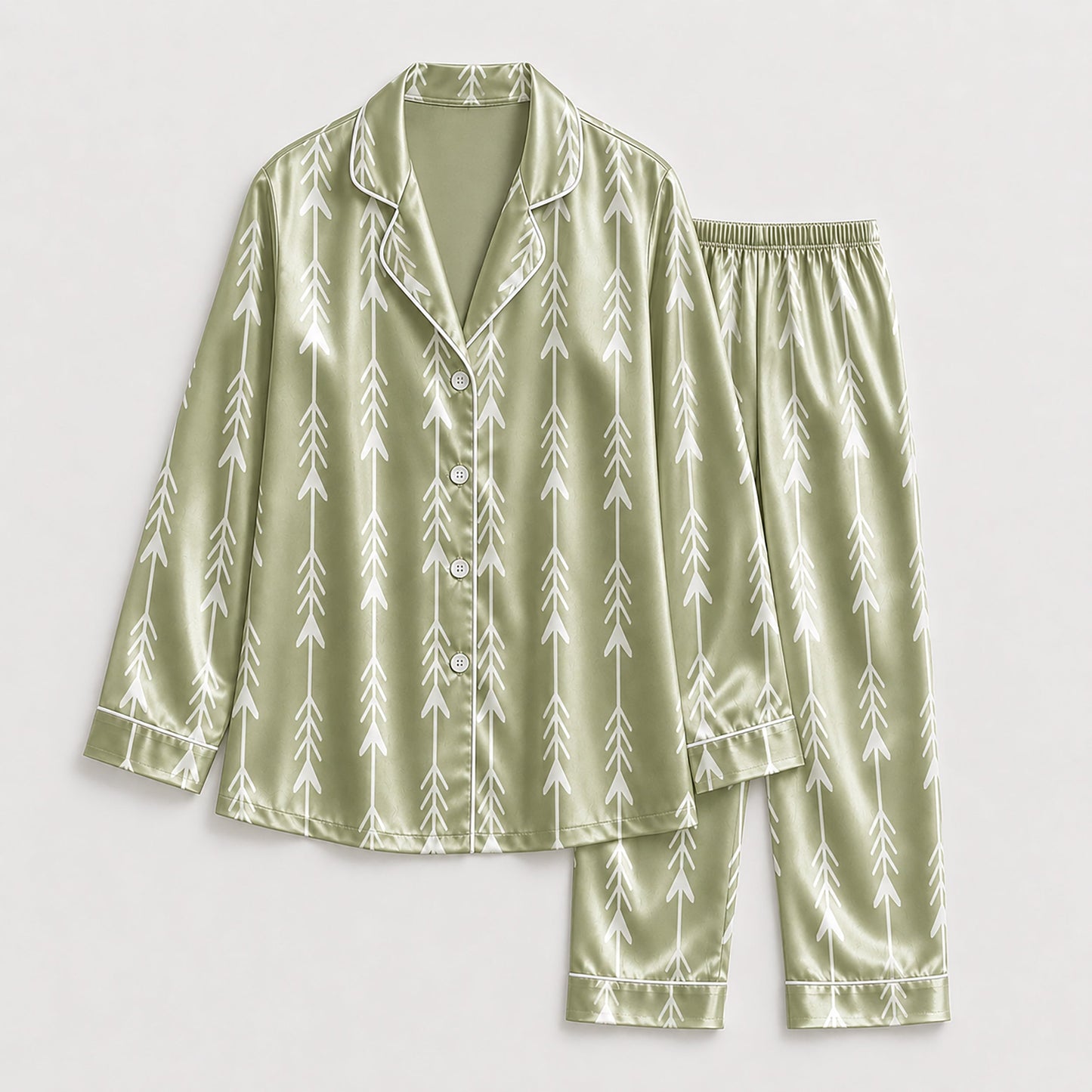 PJ-197-Unisex Satin Pajama Set with Sage Green Arrow Print Button Down Sleepwear Shirt and Pants