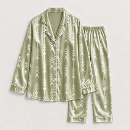 PJ-197-Unisex Satin Pajama Set with Sage Green Arrow Print Button Down Sleepwear Shirt and Pants