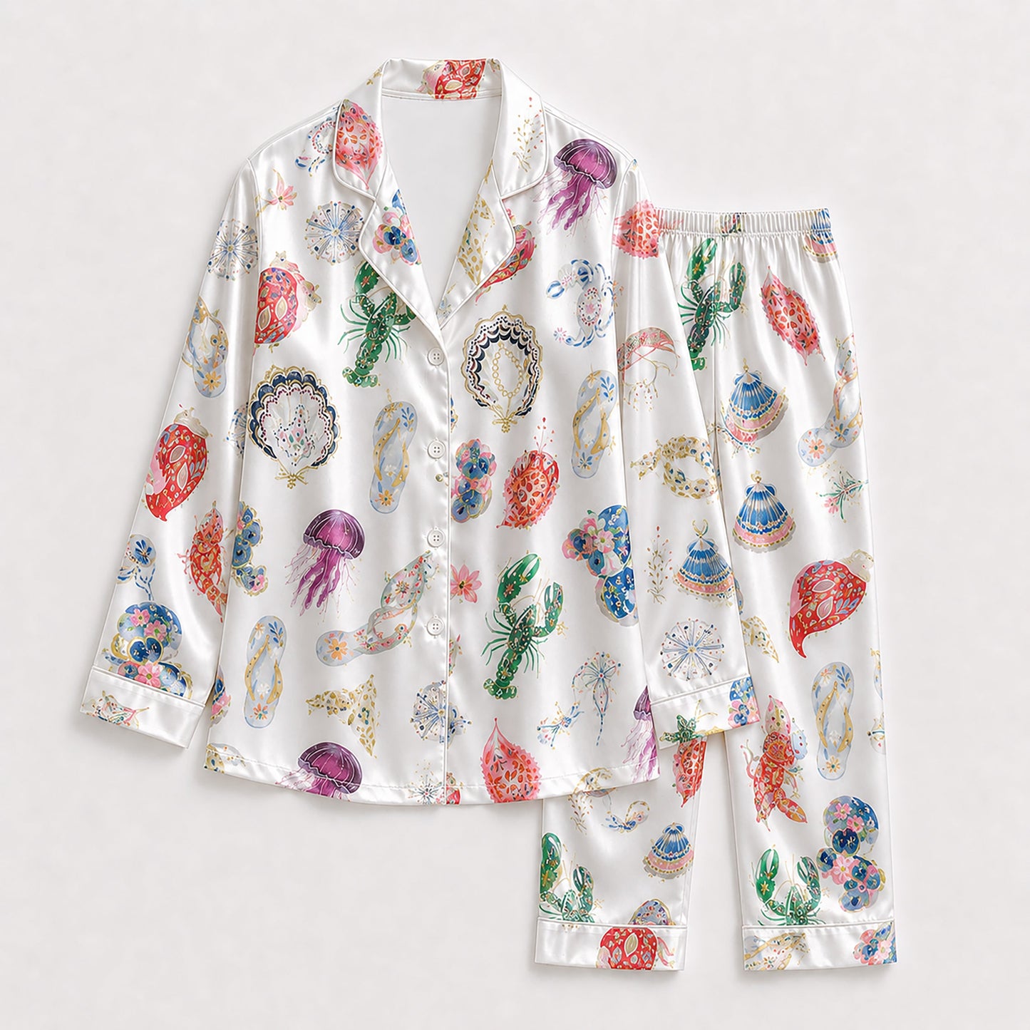 PJ-198-Coastal Summer Satin Sleepwear Set With Shell Crab Sandal Print And Comfortable Matching Bottoms