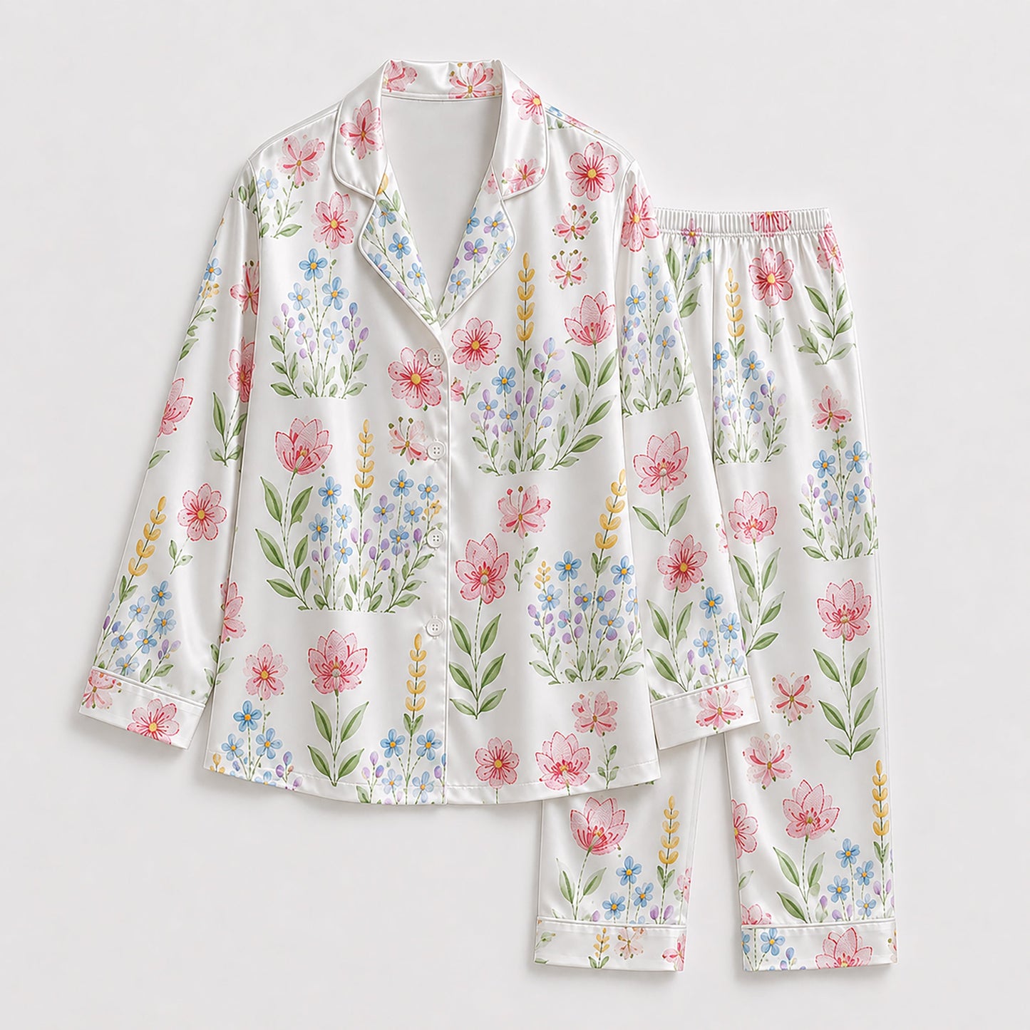 PJ-199-Delicate Garden Flower Satin Pajama Set With Botanical Print And Comfortable Matching Bottoms