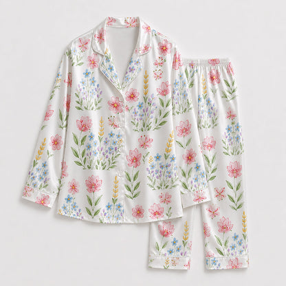 PJ-199-Delicate Garden Flower Satin Pajama Set With Botanical Print And Comfortable Matching Bottoms