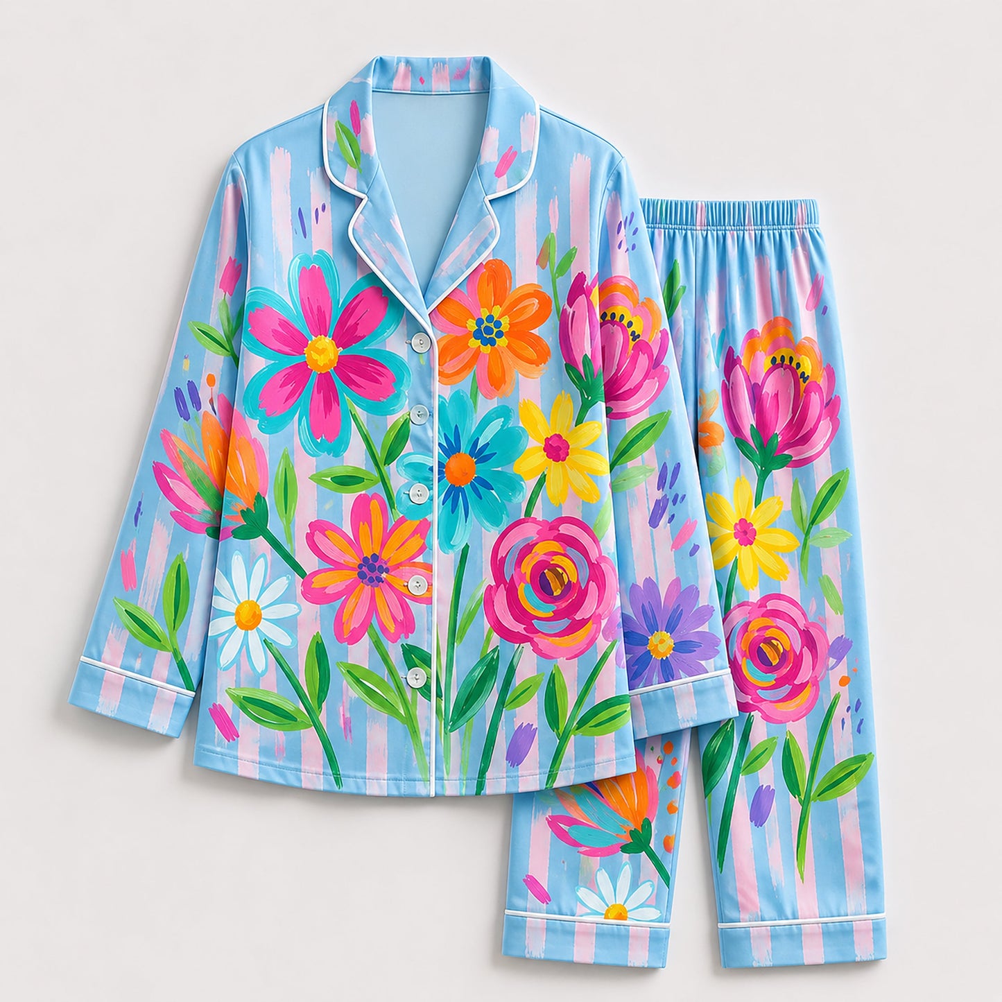 PJ-201-Rainbow Garden Satin Pajama Set With Button Up Top And Comfortable Matching Sleepwear Bottoms