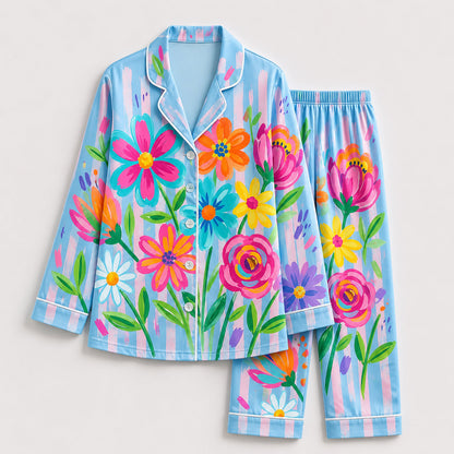 PJ-201-Rainbow Garden Satin Pajama Set With Button Up Top And Comfortable Matching Sleepwear Bottoms