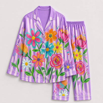 PJ-201-Rainbow Garden Satin Pajama Set With Button Up Top And Comfortable Matching Sleepwear Bottoms