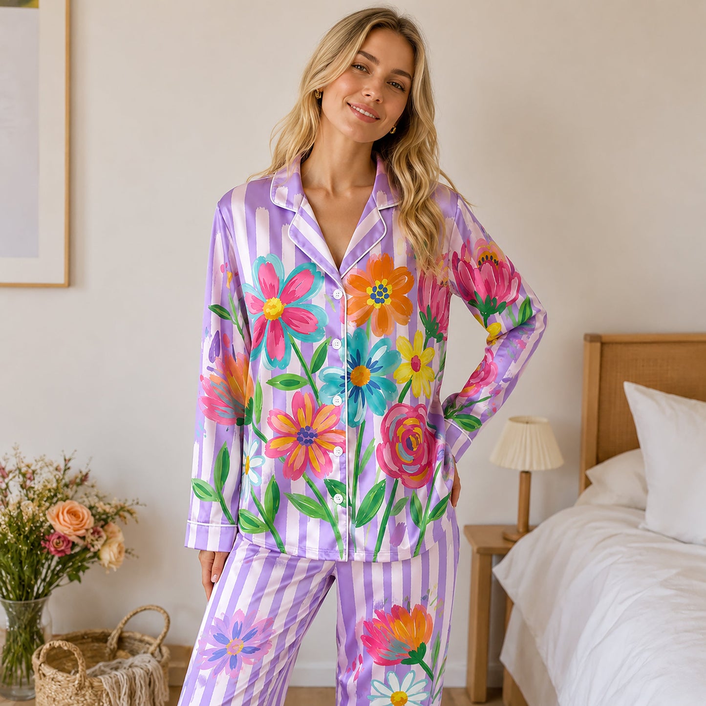 PJ-201-Rainbow Garden Satin Pajama Set With Button Up Top And Comfortable Matching Sleepwear Bottoms
