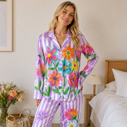 PJ-201-Rainbow Garden Satin Pajama Set With Button Up Top And Comfortable Matching Sleepwear Bottoms