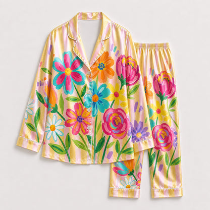 PJ-201-Rainbow Garden Satin Pajama Set With Button Up Top And Comfortable Matching Sleepwear Bottoms