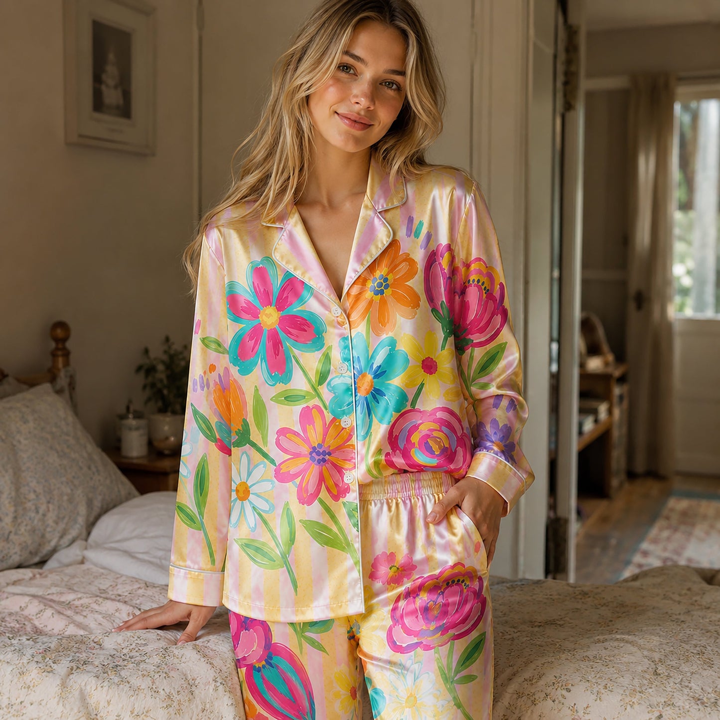 PJ-201-Rainbow Garden Satin Pajama Set With Button Up Top And Comfortable Matching Sleepwear Bottoms