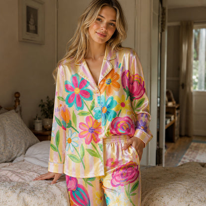PJ-201-Rainbow Garden Satin Pajama Set With Button Up Top And Comfortable Matching Sleepwear Bottoms