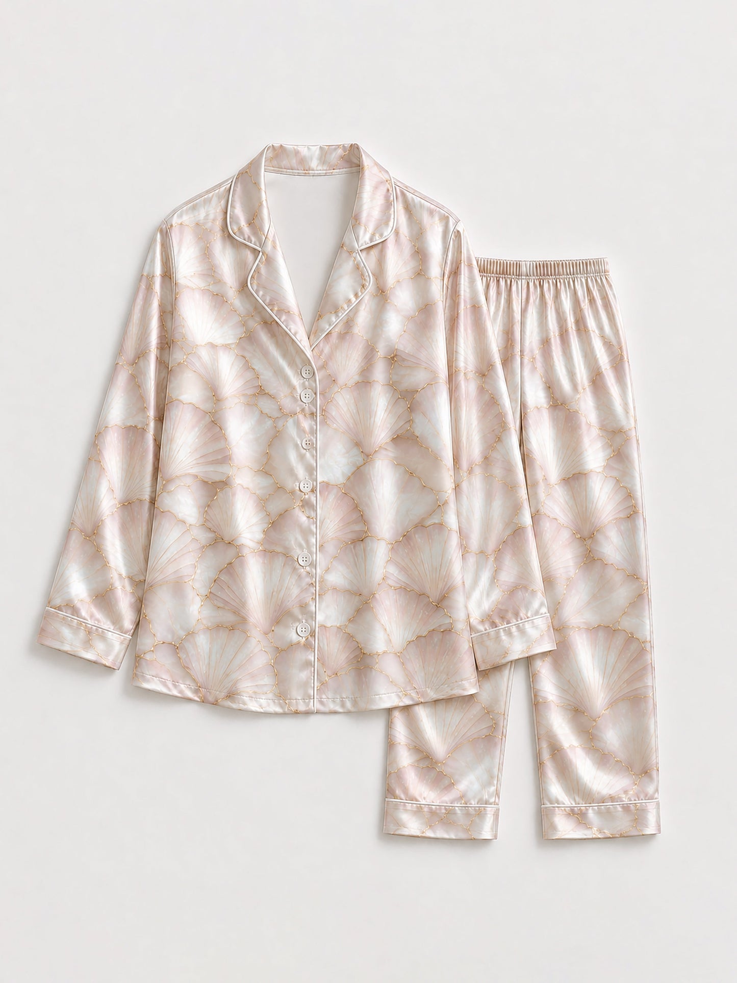 PJ-203-Elegant Shell Pattern Satin Pajama Set With Button Up Top And Comfortable Matching Bottoms