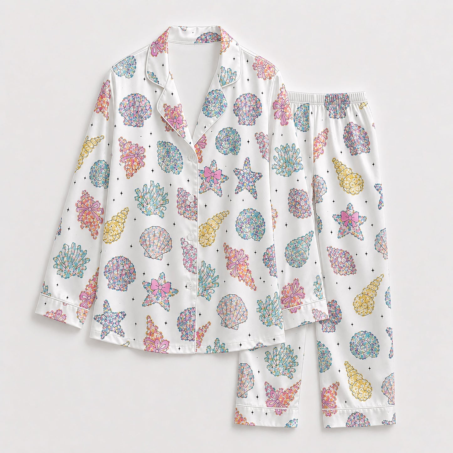 PJ-204-Satin Colorful Coastal Seashell Piping Button-Up Set