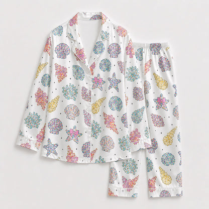 PJ-204-Satin Colorful Coastal Seashell Piping Button-Up Set