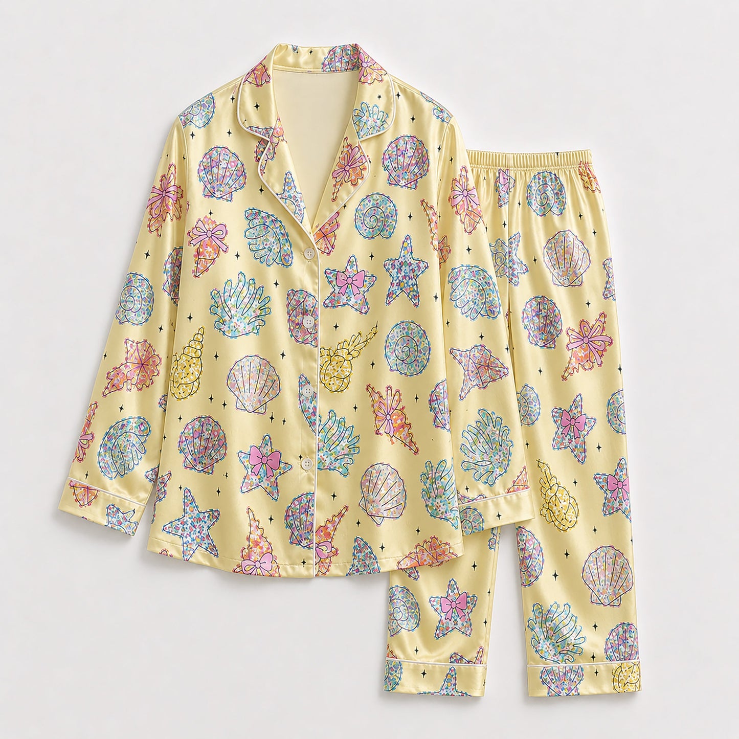 PJ-204-Satin Colorful Coastal Seashell Piping Button-Up Set