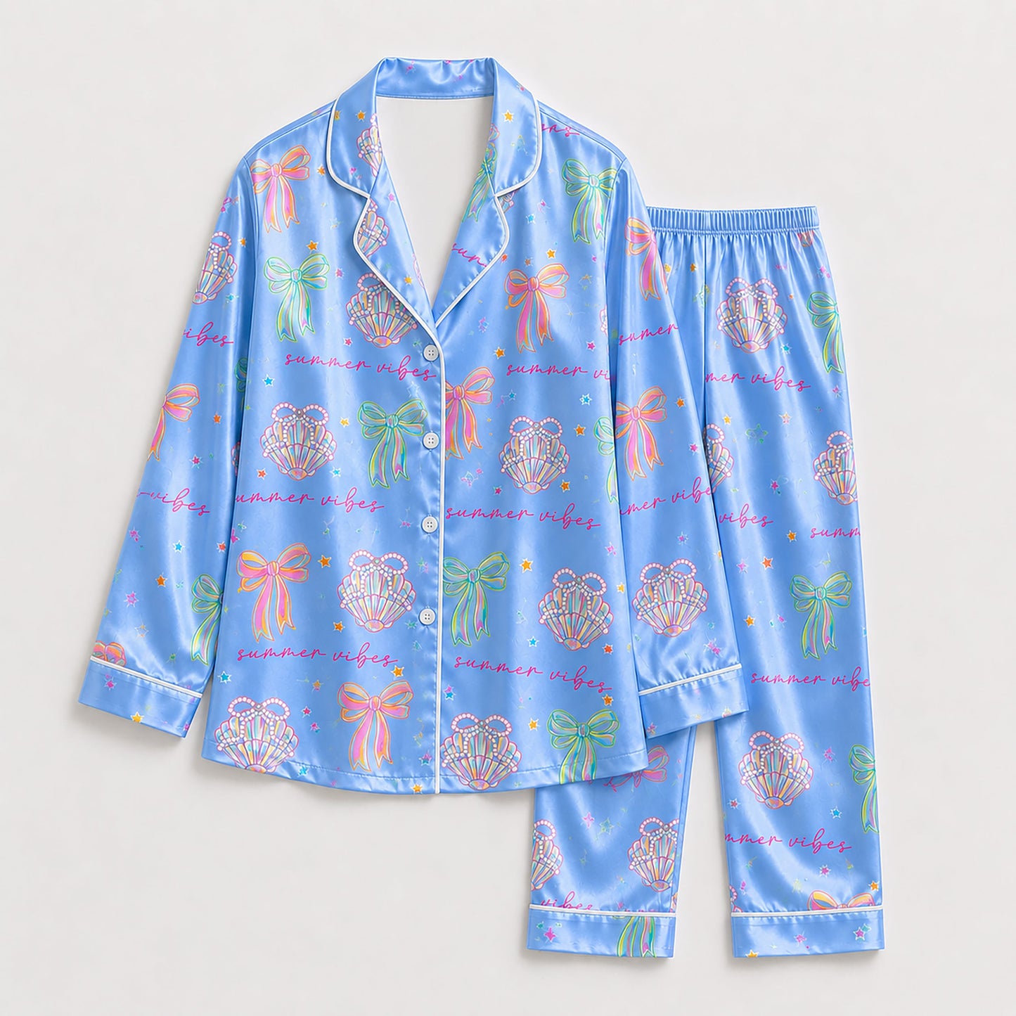 PJ-206-The Mermaidcore Coastal Bow Satin Sleep Set