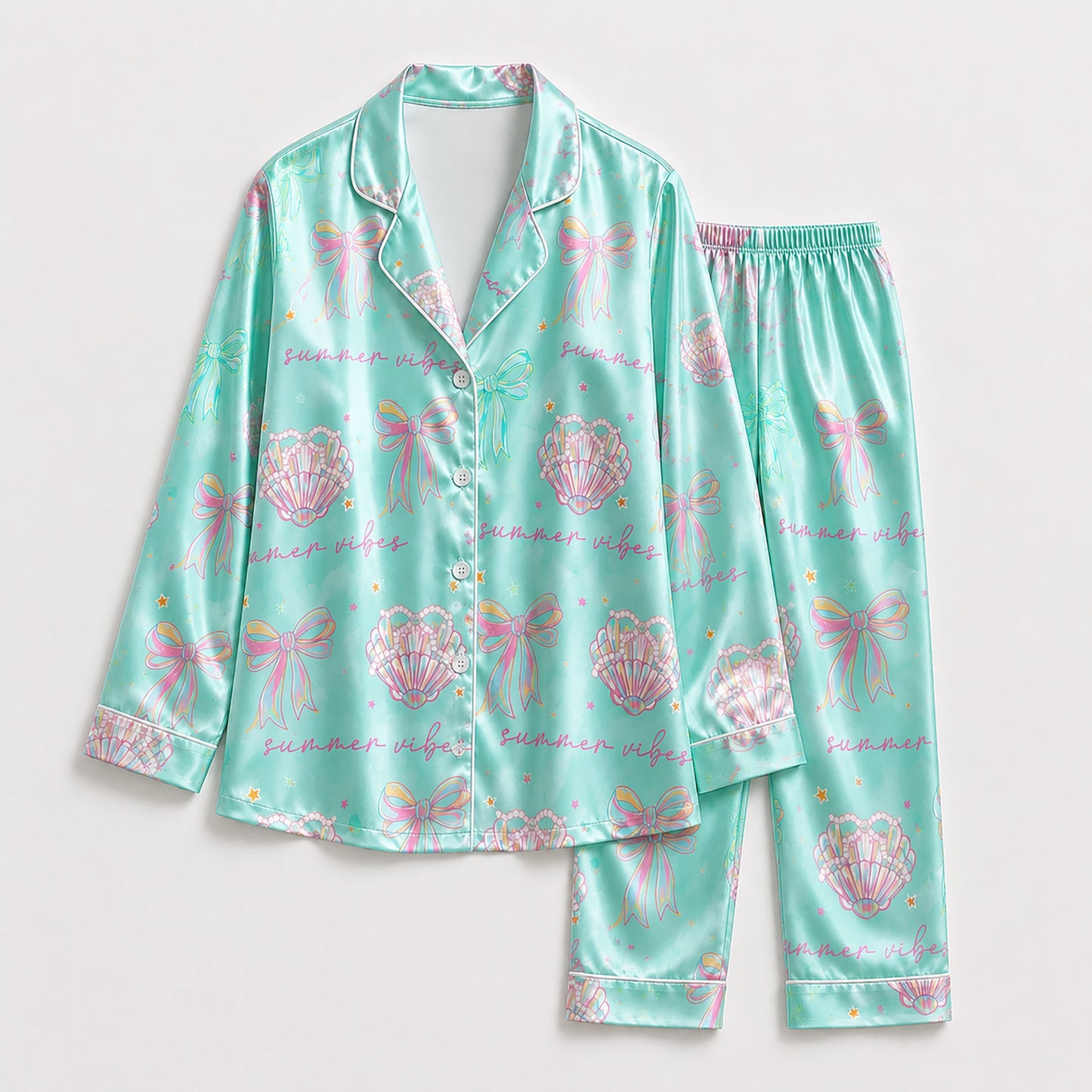 PJ-206-The Mermaidcore Coastal Bow Satin Sleep Set