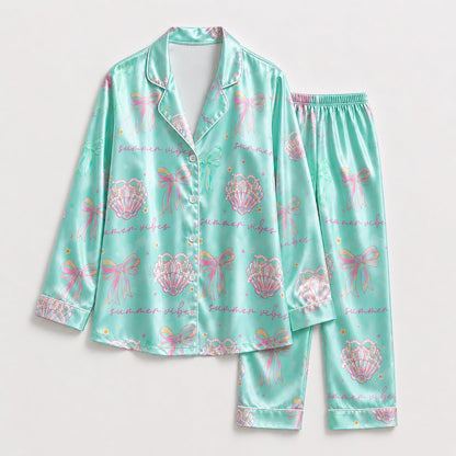 PJ-206-The Mermaidcore Coastal Bow Satin Sleep Set