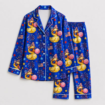 PJ-207-Unisex Satin Pajama Set with Patriotic Duck Fireworks Print Button Down Sleepwear Shirt and Bottoms