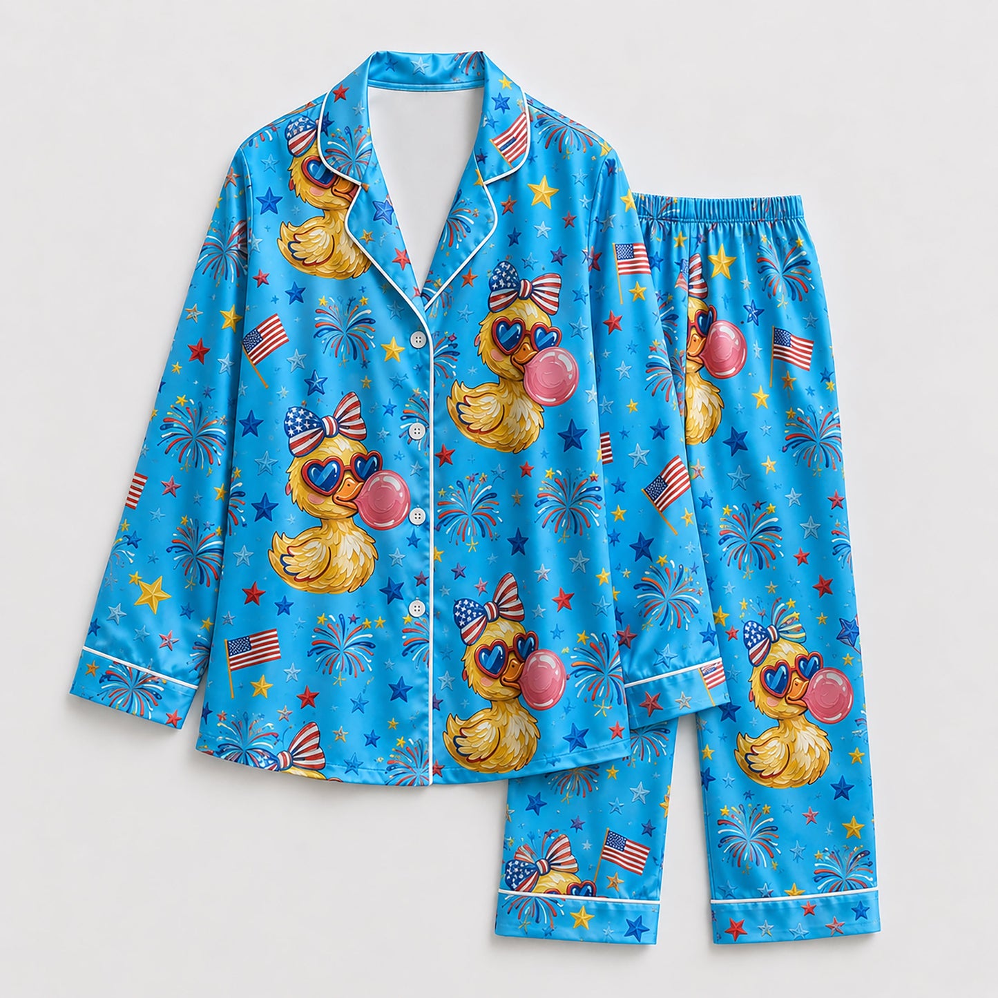 PJ-207-Unisex Satin Pajama Set with Patriotic Duck Fireworks Print Button Down Sleepwear Shirt and Bottoms