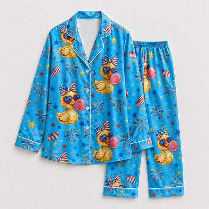 PJ-207-Unisex Satin Pajama Set with Patriotic Duck Fireworks Print Button Down Sleepwear Shirt and Bottoms