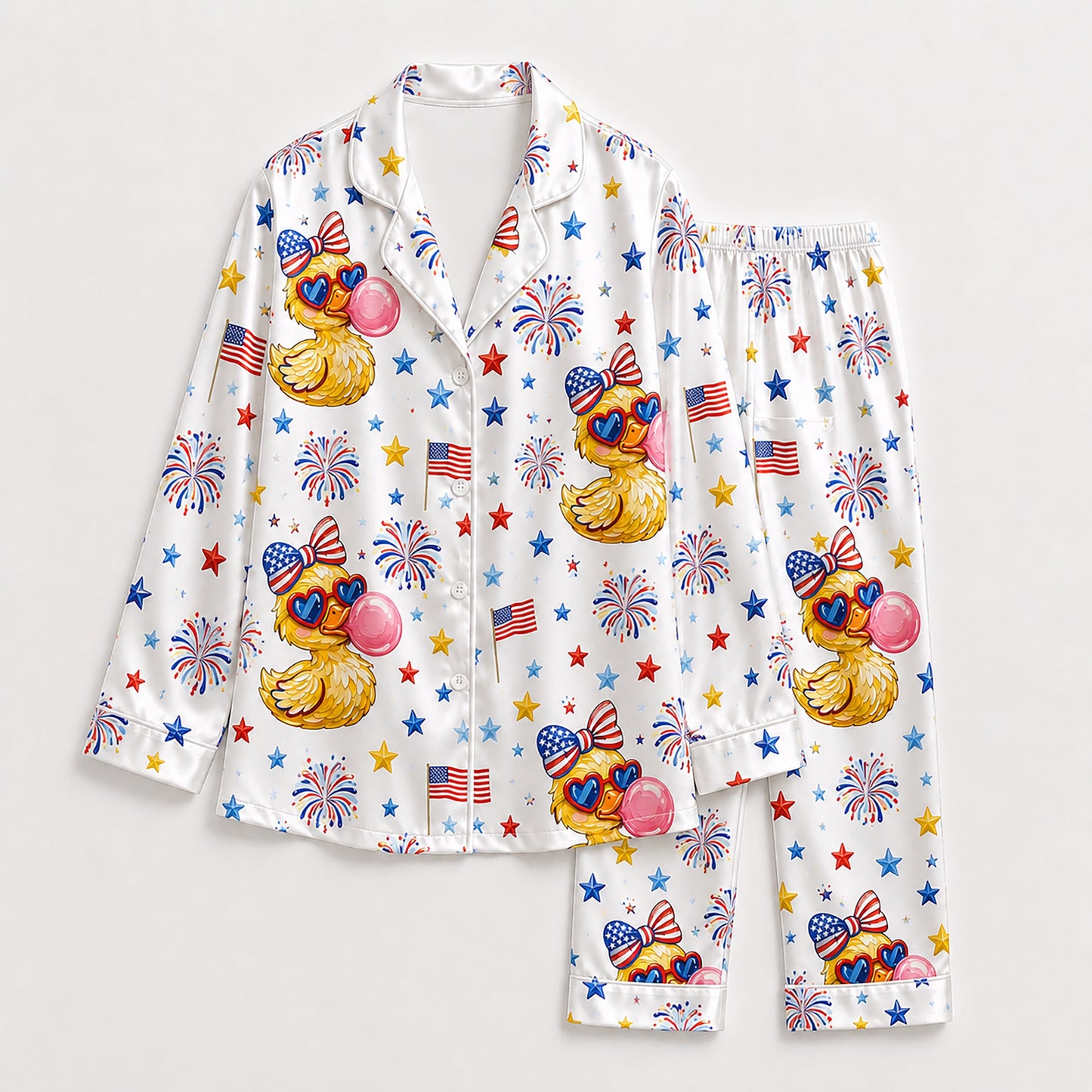 PJ-207-Unisex Satin Pajama Set with Patriotic Duck Fireworks Print Button Down Sleepwear Shirt and Bottoms