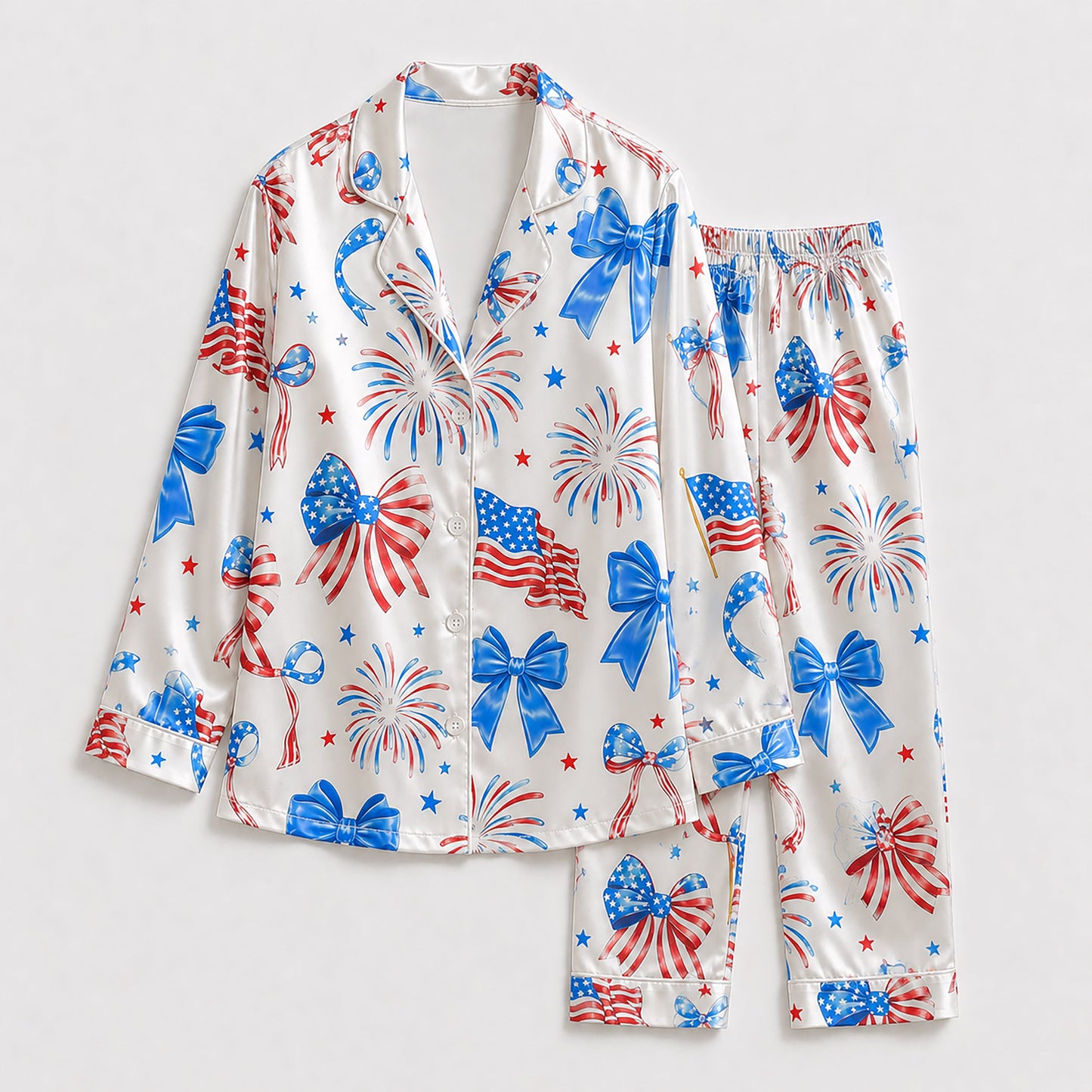 PJ-208-Fourth July Satin Pajama Set, Graphic Star Bow Patterned White Unisex Loungewear Nightwear Apparel