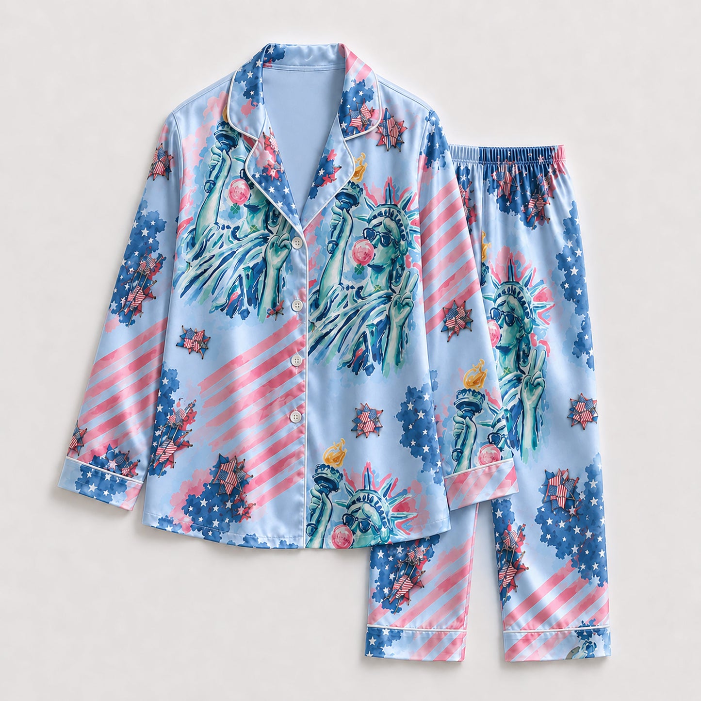 PJ-209-Unisex Satin Pajamas with American Flag Statue of Liberty Print Button Front Sleepwear Set
