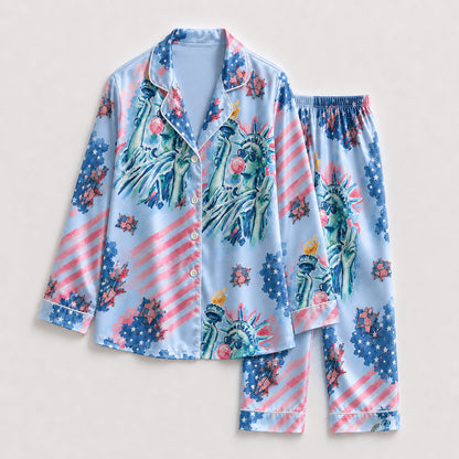 PJ-209-Unisex Satin Pajamas with American Flag Statue of Liberty Print Button Front Sleepwear Set