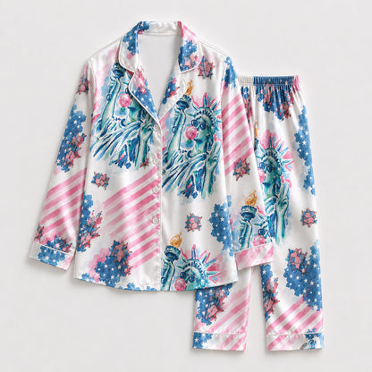 PJ-209-Unisex Satin Pajamas with American Flag Statue of Liberty Print Button Front Sleepwear Set