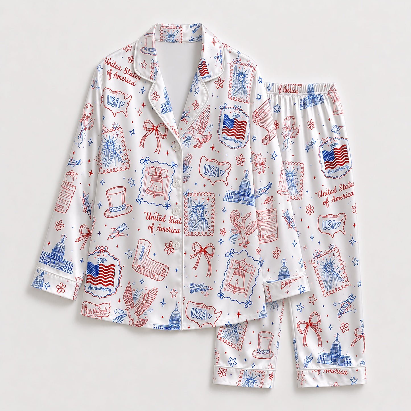 PJ-210-Unisex Satin Pajama Set with USA Patriotic Doodle Print Button Down Sleepwear Shirt and Pants