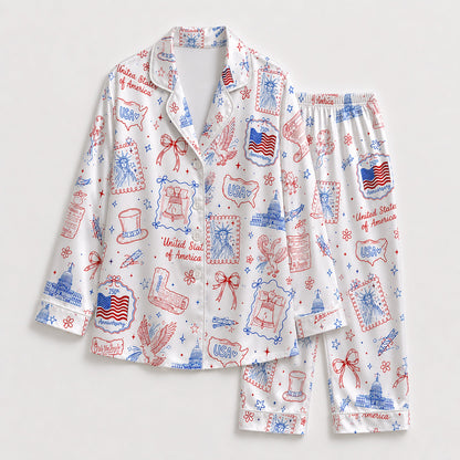 PJ-210-Unisex Satin Pajama Set with USA Patriotic Doodle Print Button Down Sleepwear Shirt and Pants
