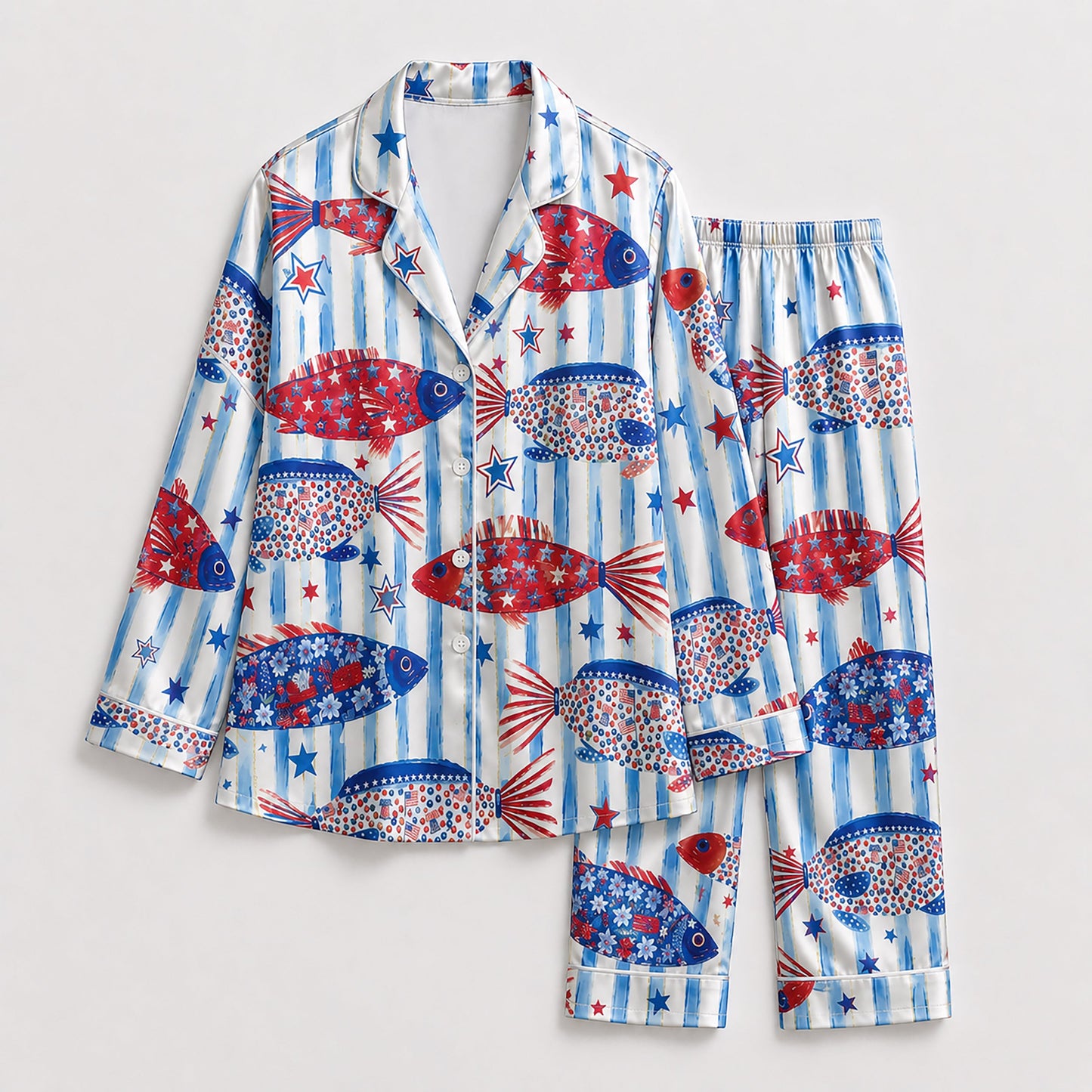 PJ-211-Unisex White Blue Satin Pajama Set with Patriotic Fish Pattern Button Down Sleepwear