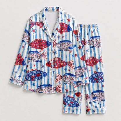 PJ-211-Unisex White Blue Satin Pajama Set with Patriotic Fish Pattern Button Down Sleepwear