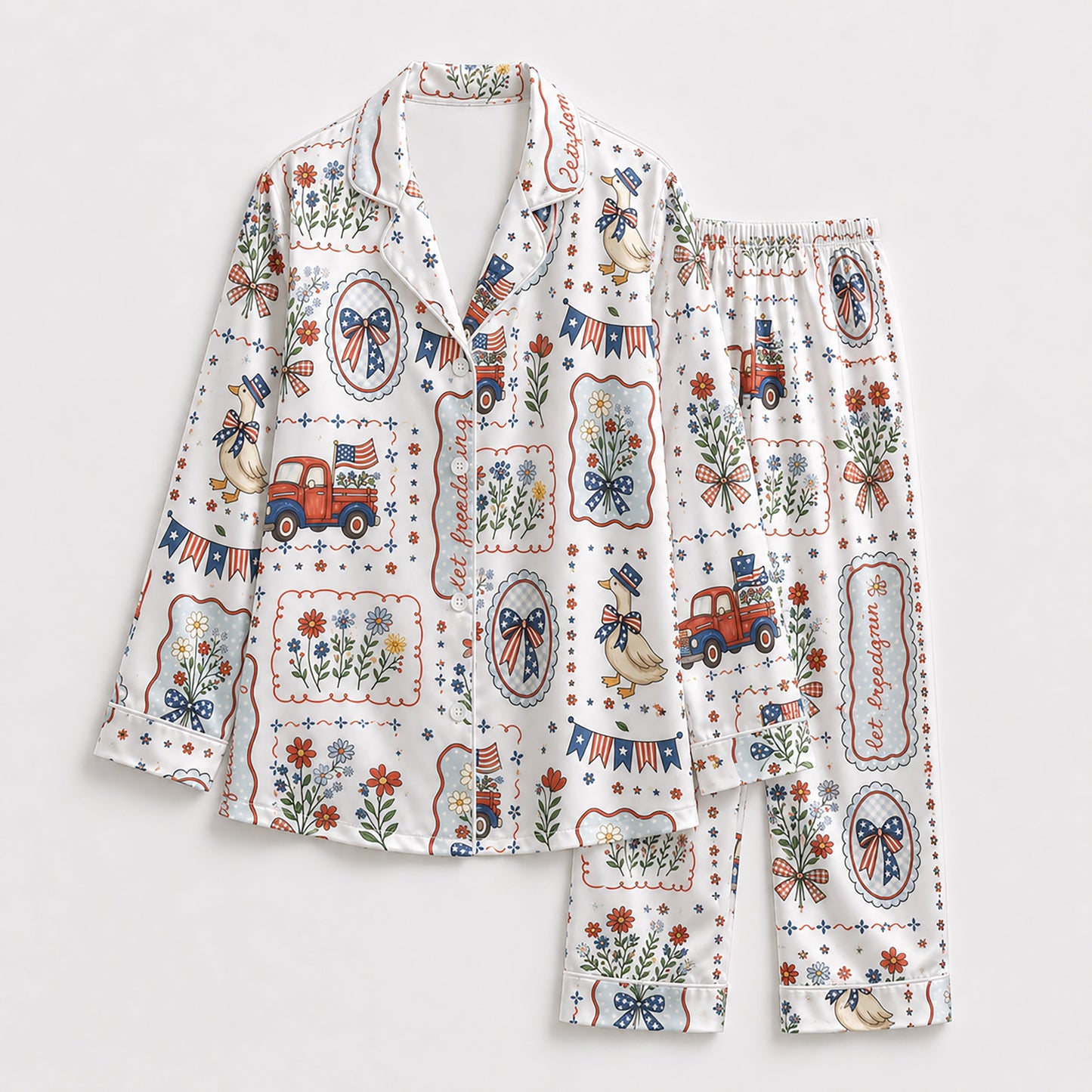 PJ-212-Unisex Satin Pajama Set with Patriotic Goose Truck Floral Print Button Down Sleepwear Shirt and Pants