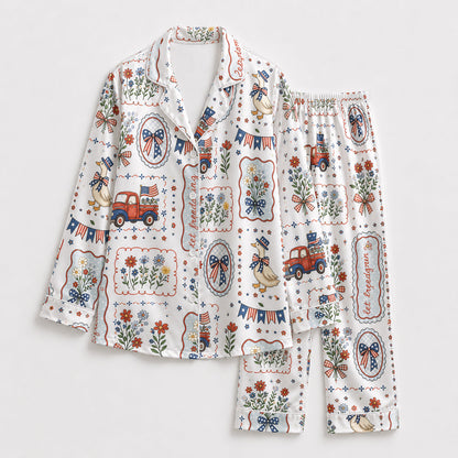 PJ-212-Unisex Satin Pajama Set with Patriotic Goose Truck Floral Print Button Down Sleepwear Shirt and Pants