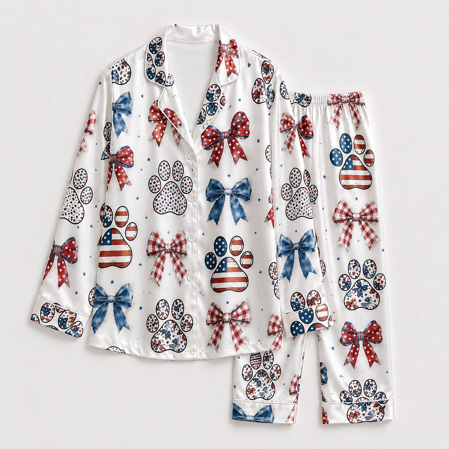 PJ-213-Unisex Satin Pajama Set with Patriotic Paw Bow Print Button Down Sleepwear Shirt and Pants