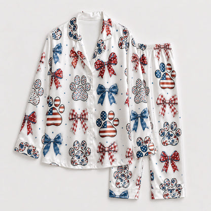 PJ-213-Unisex Satin Pajama Set with Patriotic Paw Bow Print Button Down Sleepwear Shirt and Pants